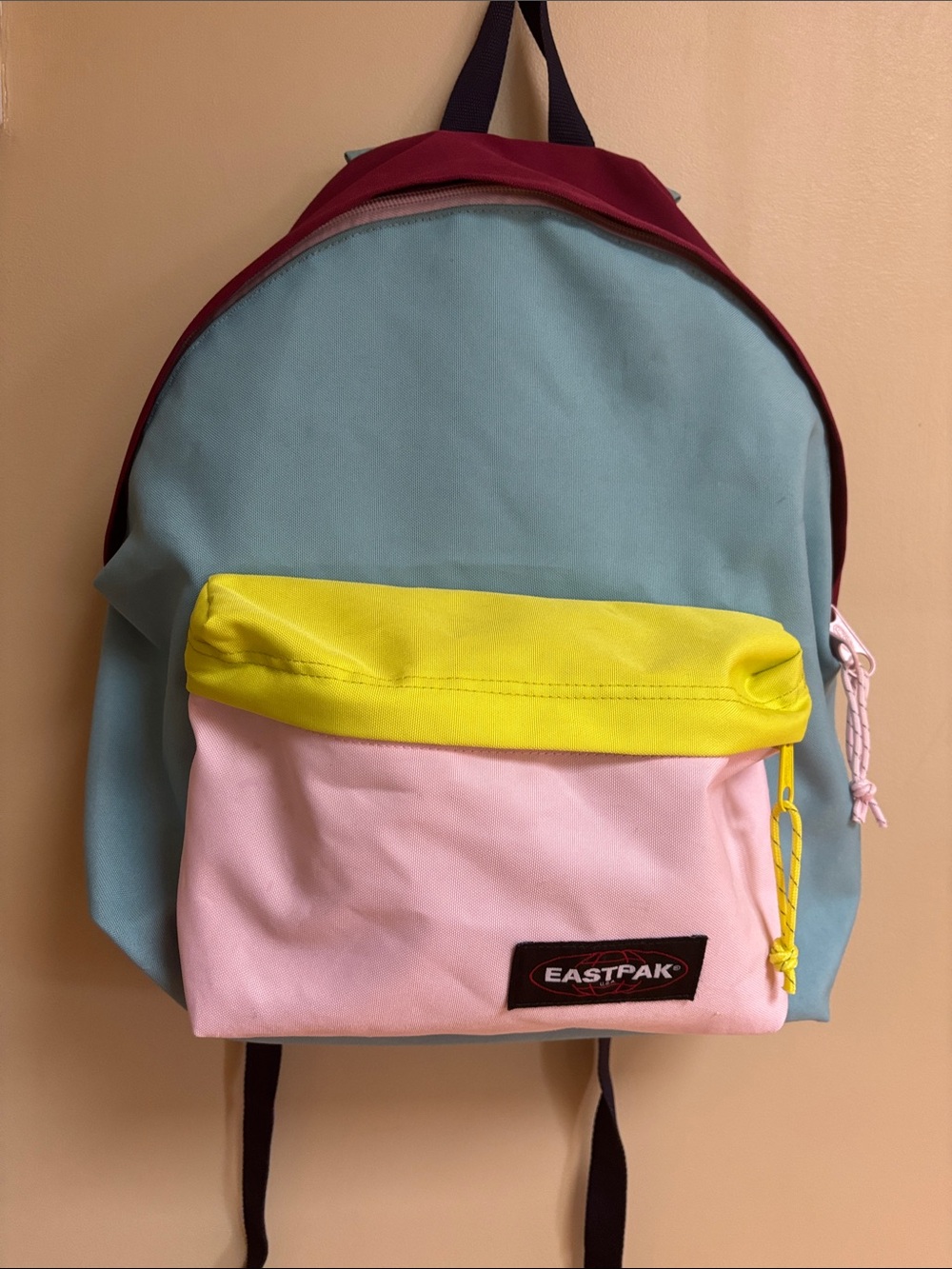 Eastpak Colorblock Backpack - Aqua, Pink & Yellow with Burgundy Trim